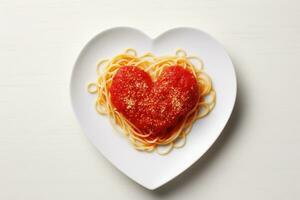 cuore sagomato spaghetti con pomodoro salsa e parmigiano formaggi su bianca piatto. ai generato foto