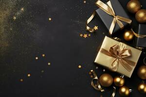 Natale o nuovo anno nero sfondo con d'oro decorazioni e regalo boxs.ai generato foto