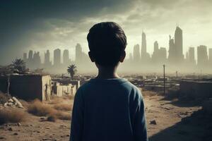 solitario bambino guardando a abbandonato mezzo orientale città nel senza speranza, ai generato foto