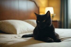 solo gattino su letto, rilassante interno atmosfera, ai generato foto