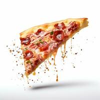 un' delizioso fetta Pizza nel isolato bianca sfondo ai generativo foto