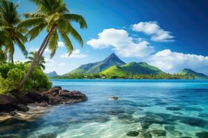 tropicale isola con palma alberi e turchese mare. bellissimo tropicale isola paesaggio Visualizza su un' soleggiato giorno, ai generato foto