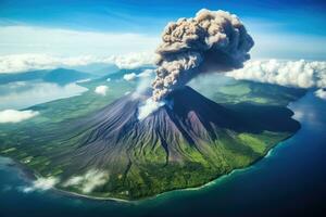 vulcano su il isola di kamchatka. Visualizza a partire dal sopra. aereo Visualizza di gamalama vulcano su ternato, Indonesia, ai generato foto