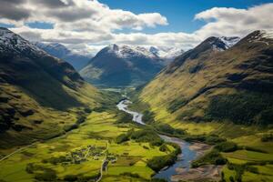 aereo Visualizza di Glencoe e Glencoe nel Scozia, UK, aereo Visualizza di Glencoe e il montagne circostante il piccolo cittadina nel Scozia, ai generato foto