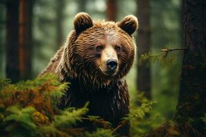 bellissimo Marrone orso nel il foresta. selvaggio animale nel il foresta, Marrone orso nel il foresta, avvicinamento di un' selvaggio animale, ai generato foto