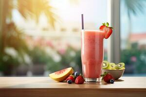 fragola e Kiwi frullato su di legno tavolo con sfocatura sfondo, un' rinfrescante frutta frullato versato in un' chiaro bicchiere su un' in stile caffè sfondo, ai generato foto