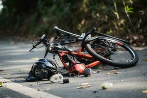 rotto bicicletta su il strada. incidente nel il strada. bicicletta schianto strada incidente con rotto bicicletta e casco, ai generato foto