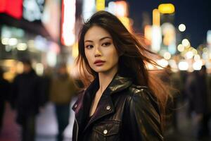 bellissimo asiatico ragazza indossare casuale abbigliamento nel marciapiede ai generativo foto