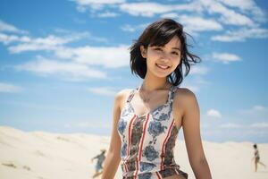 bellissimo giovane asiatico ragazza indossare estate vestito nel soleggiato giorno ai generativo foto
