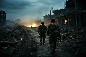soldati camminare attraverso il rovine di un' città causato di guerra ai generativo foto
