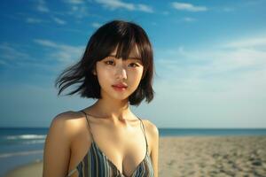 bellissimo giovane asiatico ragazza indossare estate vestito nel soleggiato giorno ai generativo foto