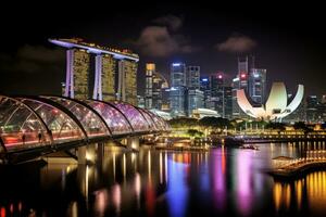 Singapore orizzonte a notte. Singapore è il mondo, marina baia la zona a notte, Singapore, ai generato foto