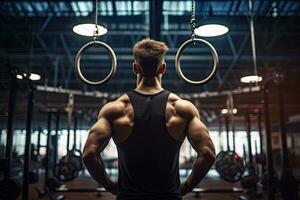 bello giovane uomo Lavorando su nel il palestra. bodybuilding concetto, uomo formazione a Palestra fitness club a anelli, indietro Visualizza, ai generato foto