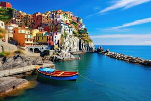 colorato villaggio di Manarola nel cinque terre, Italia, Manarola tradizionale tipico italiano villaggio nel nazionale parco cinque terre, colorato multicolore edifici case su roccia scogliera, ai generato foto