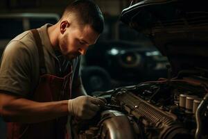 qualificato meccanico Lavorando nel settore automobilistico riparazione negozio ai generativo foto