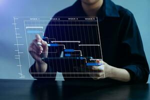 project manager che lavora e aggiorna le attività con la pianificazione dello stato di avanzamento delle pietre miliari e il diagramma di pianificazione del diagramma di Gantt. affari che lavorano con smartphone, tablet e laptop foto