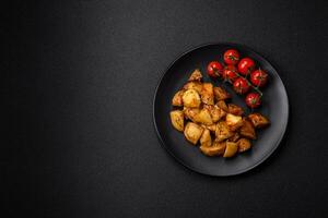 delizioso croccante fritte Patata cunei con sale, spezie e erbe aromatiche foto