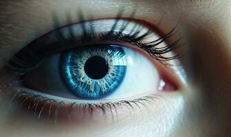futuro tecnologia, blu occhio leggero informatica sicurezza concetto. la creazione di utilizzando generativo ai utensili foto