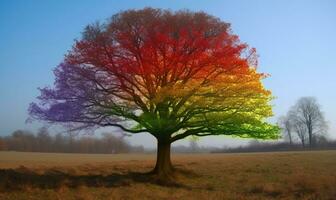 un' colorato Paese delle meraviglie nel il foresta con arcobaleno alberi la creazione di utilizzando generativo ai utensili foto