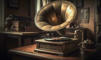 immergere nel il fascino di anni passati con un' Vintage ▾ grammofono adornare un' di legno tavolo. la creazione di utilizzando generativo ai utensili foto