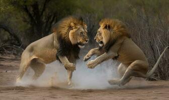 Due leoni scontro nel un' battaglia per supremazia la creazione di utilizzando generativo ai utensili foto