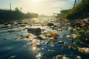 il superficie di il fiume coperto nel spazzatura, ai generativo foto