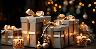 bellissimo Natale regalo scatola su luminosa bokeh sfondo - ai generato Immagine foto