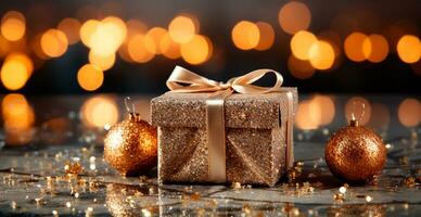 bellissimo Natale regalo scatola su luminosa bokeh sfondo - ai generato Immagine foto