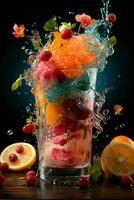 colorato cocktail con Ghiaccio, frutta, spruzzi su un' buio sfondo generato di artificiale intelligenza foto