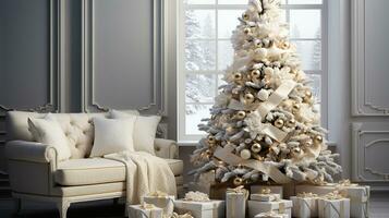 bianca Natale albero con i regali, inverno stagione sfondo, ai generato foto