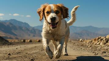 un' cane solo su il strada, ai generato foto