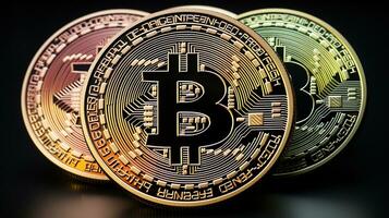 bitcoin su il tavolo, criptovaluta sfondo Immagine, ai generato foto