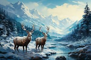 cervo nel il neve paesaggio sfondo, ai generato foto
