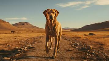 un' cane solo su il strada, ai generato foto