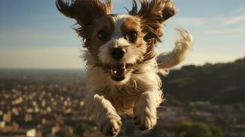 un' cane solo su il strada, ai generato foto