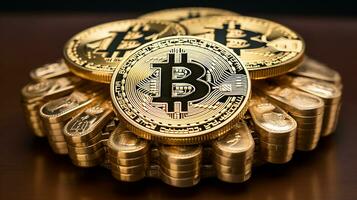 bitcoin su il tavolo, criptovaluta sfondo Immagine, ai generato foto