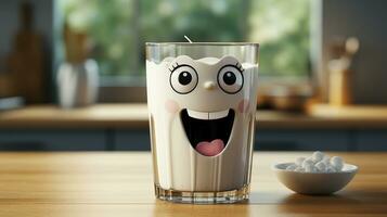 mattina latte con un' contento cartone animato tazza, ai generato foto