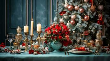 un' bellissimo tavolo servito per Natale famiglia cena decorazioni generato di ai foto