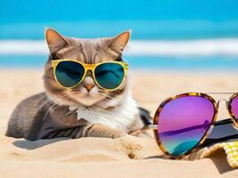 un' gatto indossare occhiali da sole è seduta su il spiaggia ai creare foto
