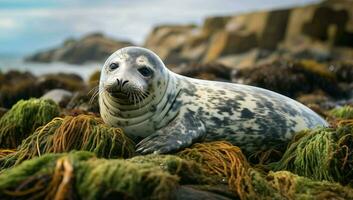 potrait di foca su il roccia di ai generato foto