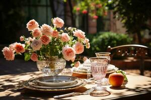 tavolo impostato per un' estate brunch nel il giardino ai generato foto