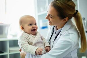 un' medico controllo un' carino poco bambino. ai generativo foto