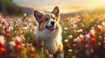 affascinante corgi cane con fiori nel il primavera. generativo ai foto