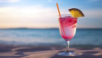 cocktail bicchiere su il sabbioso spiaggia vicino il mare nel estate volta. generativo ai foto