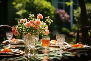 tavolo impostato per un' estate brunch nel il giardino ai generato foto