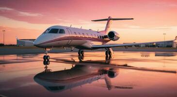 un' privato Jet a tramonto parcheggiata all'aperto foto