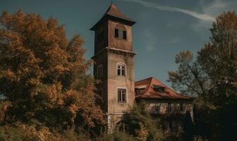 il caratteristico fascino di il piccolo villaggio era migliorata di il vecchio orologio Torre la creazione di utilizzando generativo ai utensili foto