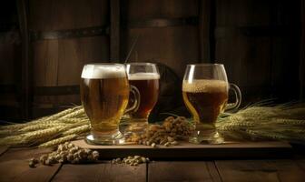 freddo birra bicchieri con luppolo e Grano su di legno tavolo. la creazione di utilizzando generativo ai utensili foto