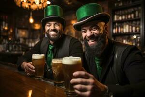 amici con birra festeggiare oktoberfest su bar sfondo. ai generato foto