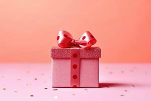 rosso presente regalo scatola con spazio per saluto testo su rosa sfondo. ai generato foto